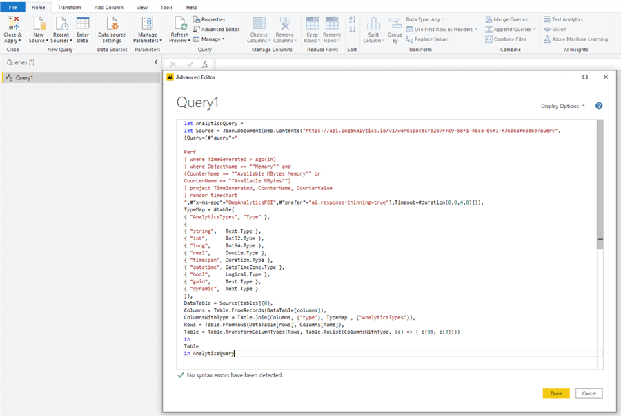 M query pasted in Advanced Editor.