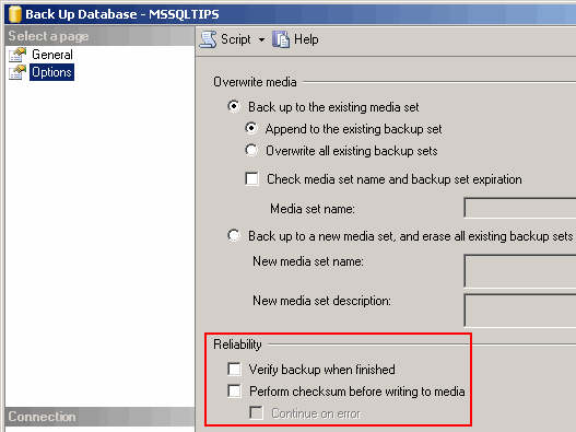 Additional options for backing up the database