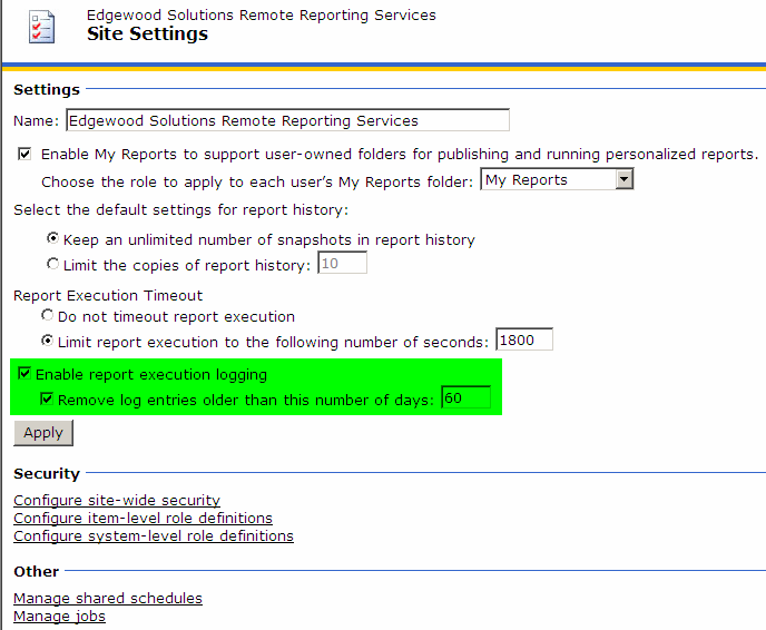 Site Settings page for Reporting Services