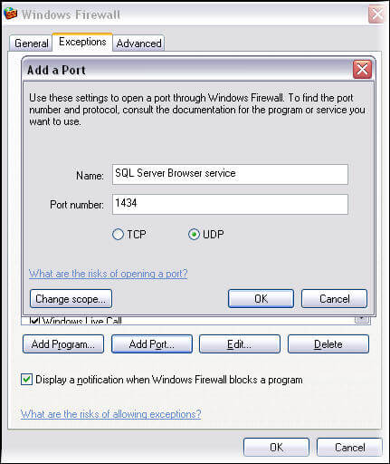 Add SQL Server browser service in Windows firewall exception list
