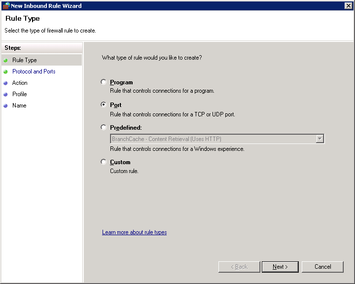  select Port option as shown in the below snippet to control connections for a TCP or UDP Port