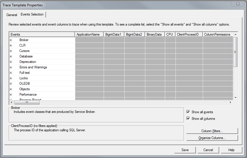 continue creating the template, choose the "Events Selection" tab on top left of the dialog box