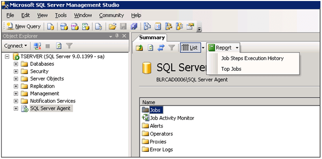 Once connected to the SQL Server Database Engine in SQL Server 2005, click on the SQL Server Agent and then the Reports button in the Summary section 