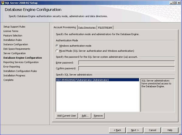 click Next to continue on to the Database Engine Configuration dialog