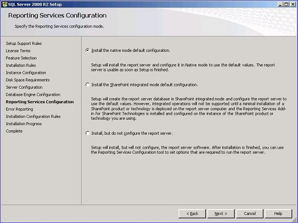  click Next to continue on to the Reporting Services Configuration dialog 