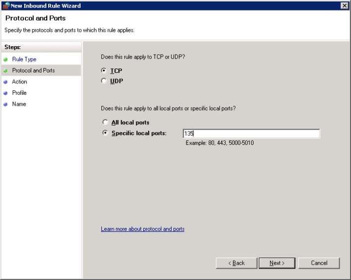 SQL Server Integration Service when installed uses TCP Port 135 as the default port, hence you need to choose TCP option and then specify the port