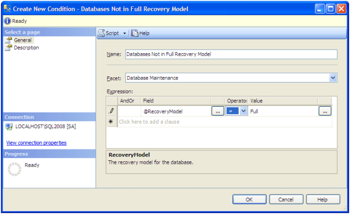 provide the name of the condition as "Databases Not in Full Recovery Model" 