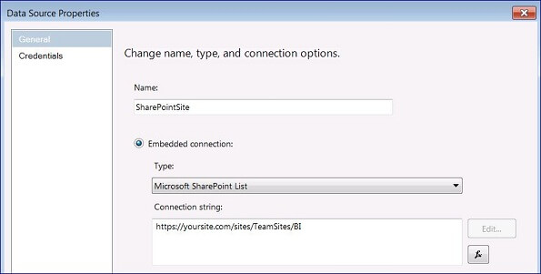 the Data Source Connection String property must be set to the URL of the SharePoint site or the subsite