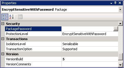 The EncryptSensitiveWithPassword setting for the ProtectionLevel property requires that you specify a password in the package