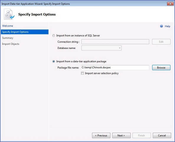 select Import Data-tier Application and navigate to the DAC package
