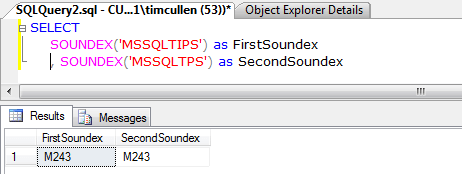 comparison between the SOUNDEX of "MSSQLTIPS" and "MSSQLTPS"