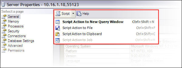 SSMS options to generate script for actions