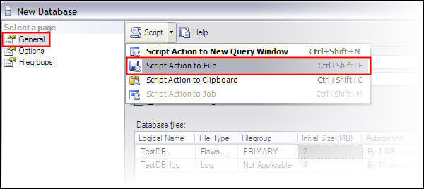 Create a new database through SSMS and save the script for this action in .SQL file