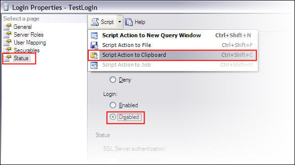 Disable a Login through SSMS and copy the script for this operation to clipboard