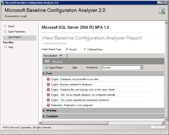 you will be able to see different errors that exists on the SQL Server Instance as per rules configured in Best Practices Analyzer