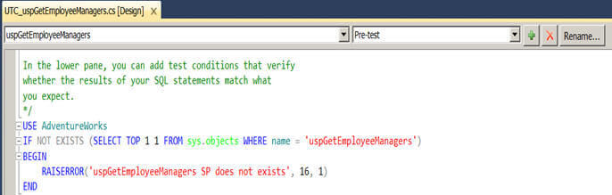 before executing a test case for a stored procedure I want to ensure it exists or raise an exception