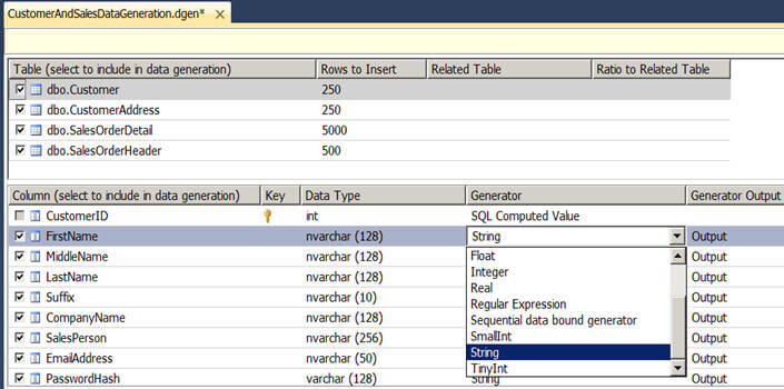 you can change different properties of these data generators associated with each column to define a range or format of data being generated for that column