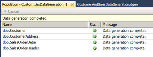 the data generation plan starts generating data for each table selected in the plan and shows the status 