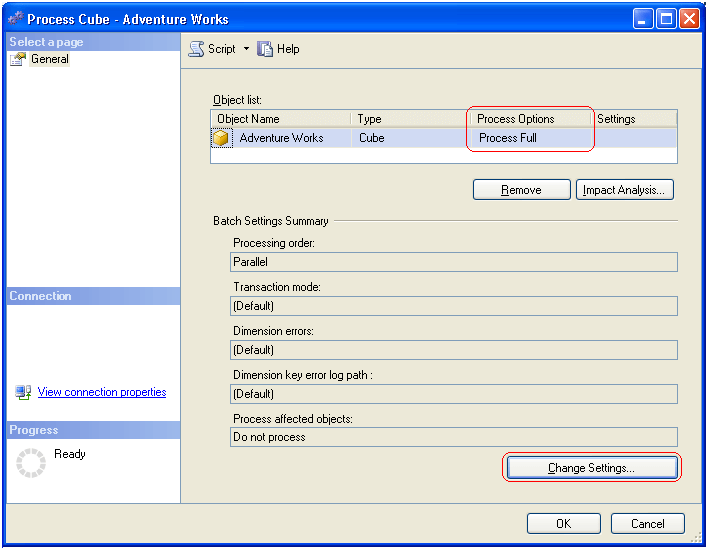 the settings you specify in the Change Settings dialog box will override the default settings inherited from the Analysis Services database for all the objects listed in the Process dialog box