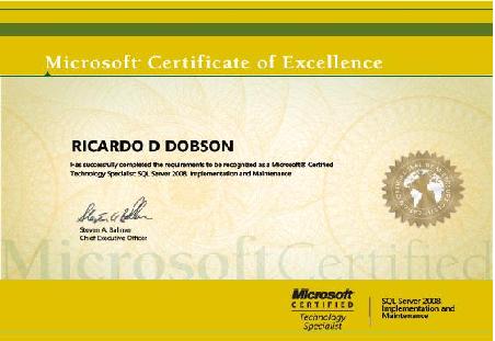 a Microsoft Certified Technical Specialist certification for Microsoft SQL Server 2008, Implementation and Maintenance.