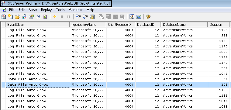 in this example the trace file is based on the database events