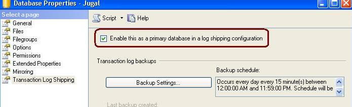 enable this as a primary database in a log shipping configuration