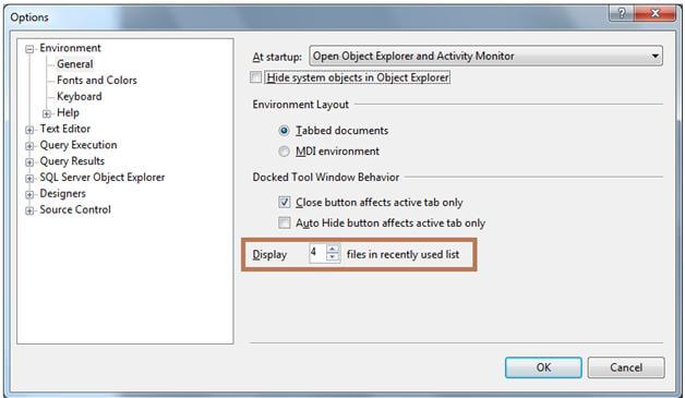 steps to change the recent files number in ssms