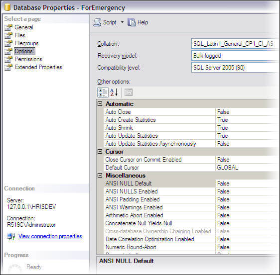 the settings may be accessed in the options frame for the database in ssms