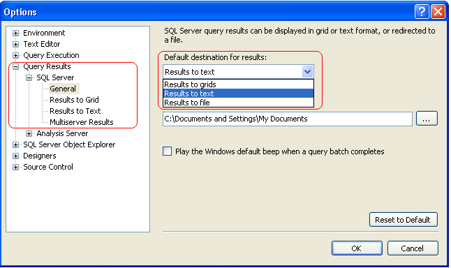 in the options dialog box, expand sql server
