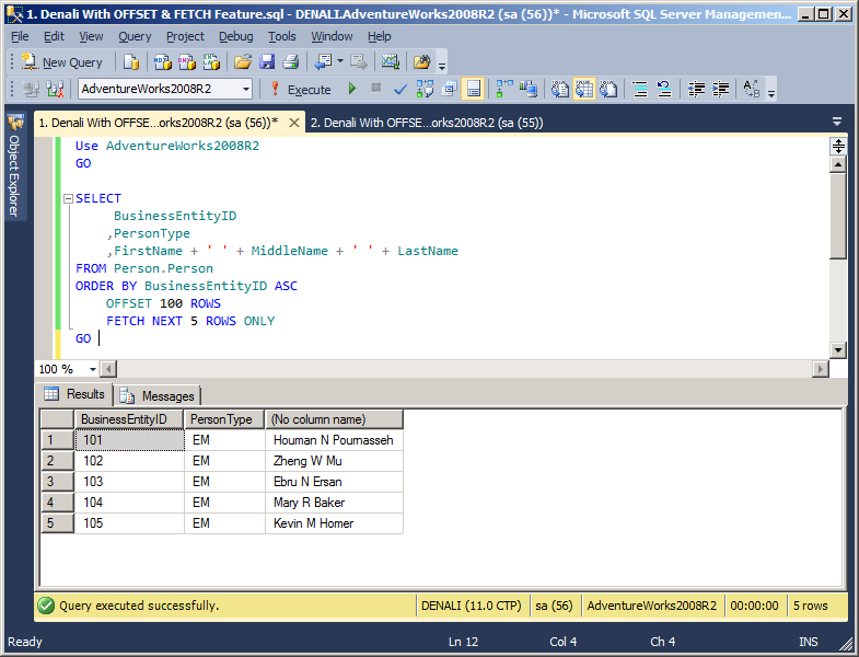 the offset and fetch feature in sql server denali