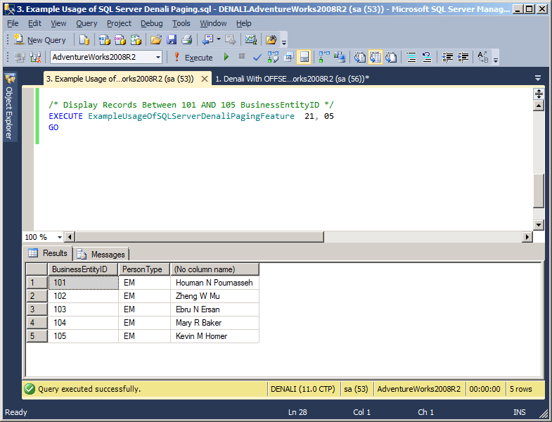 achieve sql server paging using the offset and fetch feature frame of sql server denali