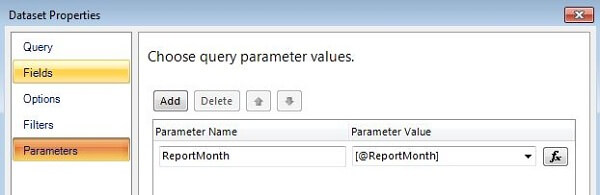 associate the reportmonth parameter with the @reportmonth placeholder in the mdx query