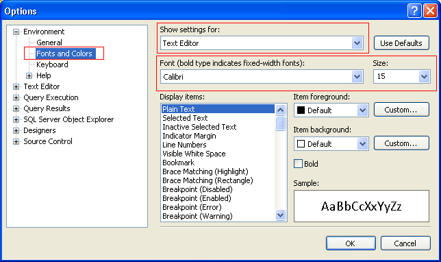 change the font and size in ssms