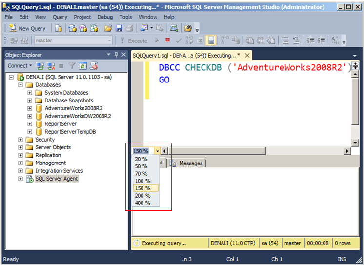 in sql server denali change the display settings in query window and the results pane