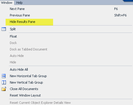 toggle between showing and hiding the results pane when using ssms