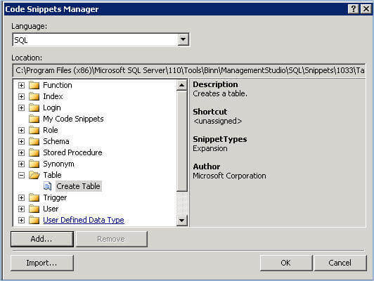 launch the code snippets manager in ssms