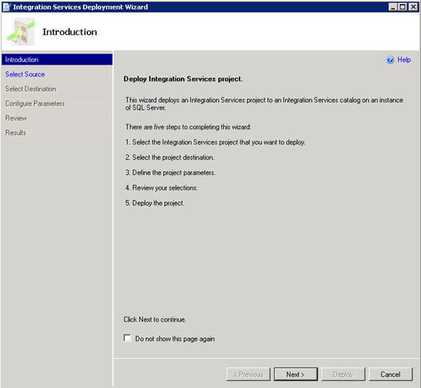 deploys an integration services project to an integration services catalog on an instance of sql server
