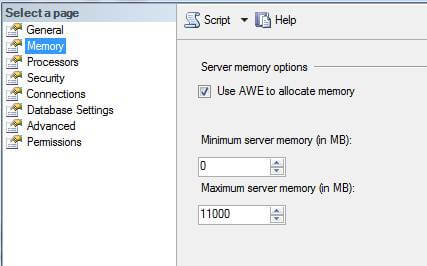 check the memory tab after installing sql server