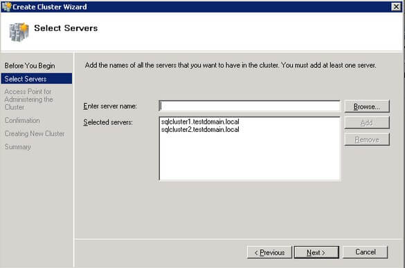 Select Servers dialog box of the Create Cluster Wizard
