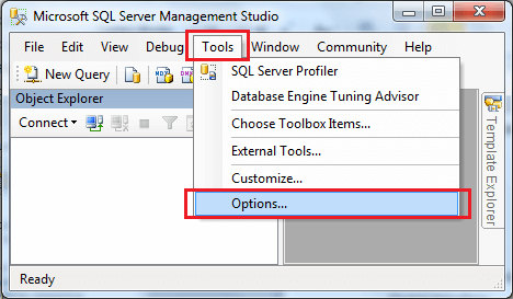 Tools and Options menu in SQL Server Management Studio