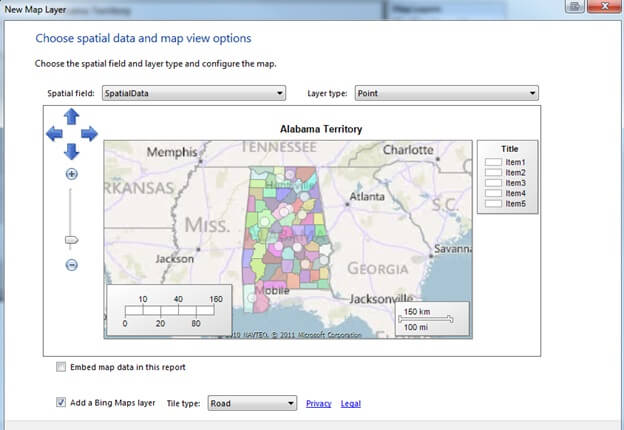 chose spatial data and map options for an ssrs report