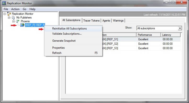 sql replication monitor reinitialize all subscription