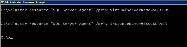 cluster.exe Set the private properties of the SQL Server Agent resource.
