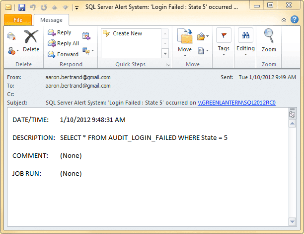 E-mail resulting from an alert to an operator