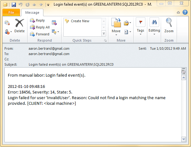 E-mail resulting from manual stored procedure call