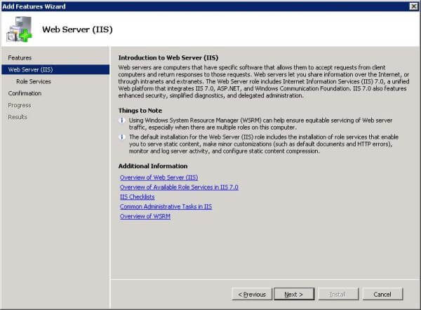 Windows Server Manager: Add Features wizard