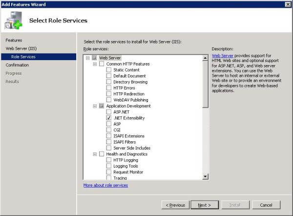 Add features through Windows Server Manager: Select role services