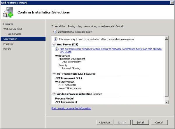 Add features through Windows Server Manager: Confirm Selections