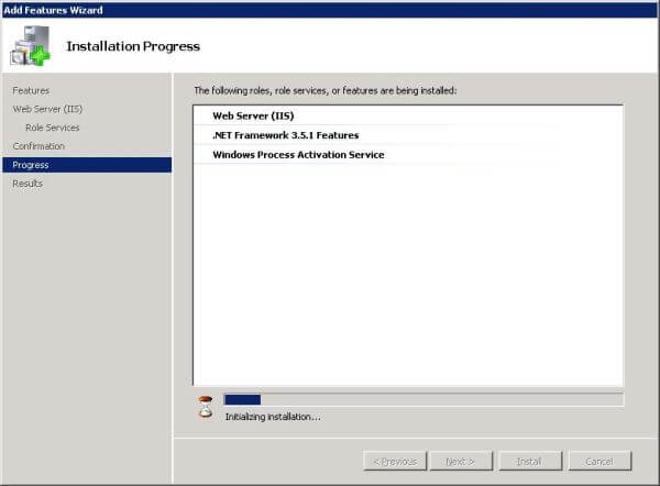 Add features through Windows Server Manager: installation progress