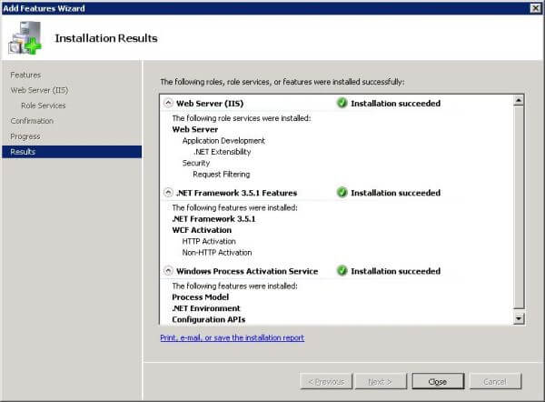 Add features through Windows Server Manager: installation results